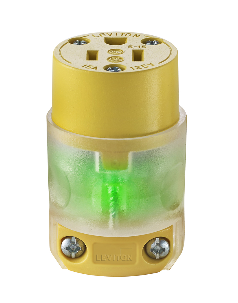 15A-125V. Connector. Round Dead Front. 2-Pole / 3 Wire. Nema 5-15P. Clear Husk With Yellow Vinyl Clamps And Face With Green Neon Inicator Light.