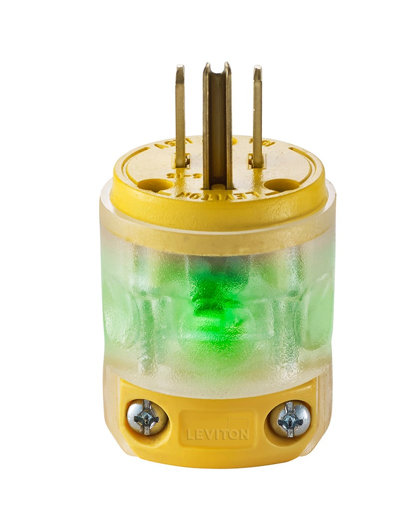 15A-125V. Plug. Round Dead Front. 2-Pole / 3 Wire. Nema 5-15P. Clear Husk With Yellow Vinyl Clamps And Face With Green Neon Inicator Light.