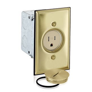 15 Amp, 125 Volt, NEMA 5-15R, 2P, 3W, Single Receptacle, Tamper-Resistant, Straight Blade, Floor Box Receptacle Assembly, Brass Floorplate & Screw Cap, Back & Side Wired, Steel Strap - IVORY