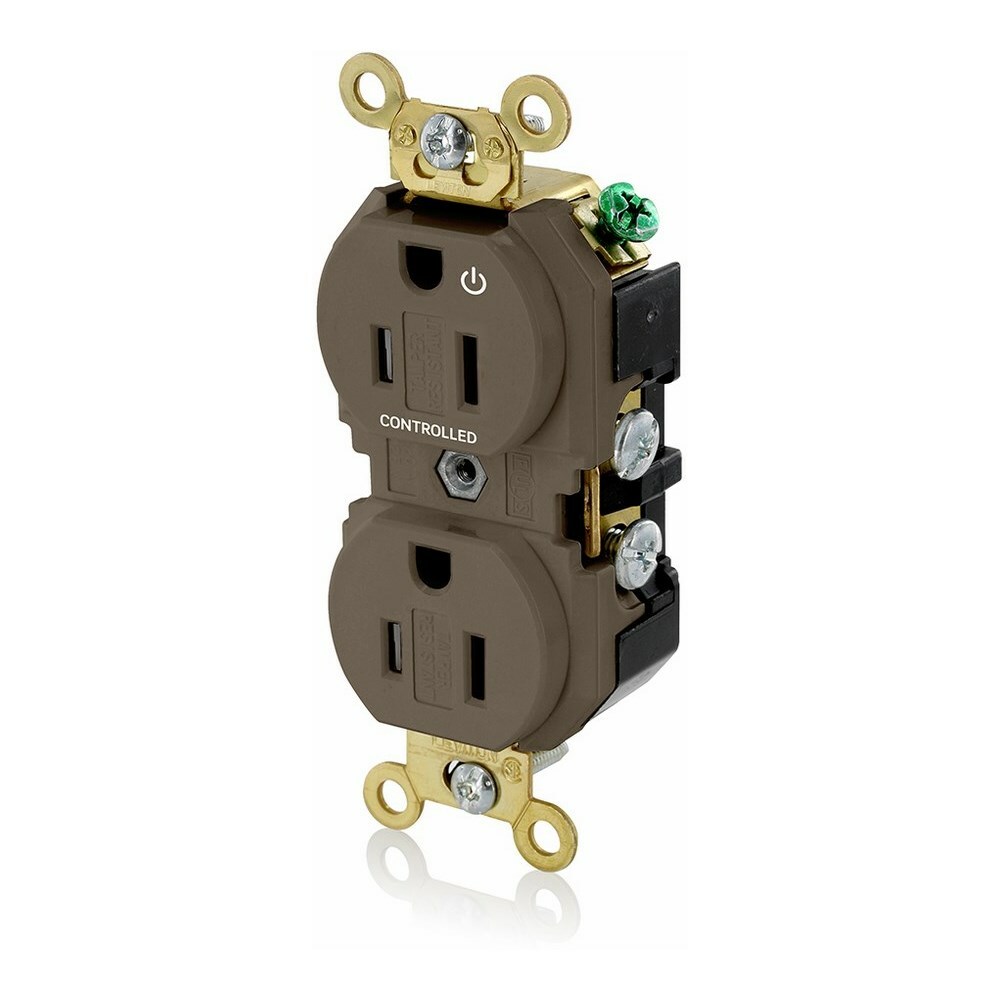 15 Amp. 125 Volt. NEMA 5-15R. 2P/3W. Industrial Series Extra Heavy Duty Specification Grade. Duplex Receptacle. Hot Terminal Split w/ 1 Plug Controlled. Straight Blade. Self Grounding. Back And Side 8 Hole Feed-Thru Wired. Contractor Pack - Brown