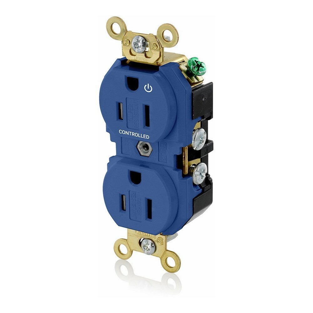 15 Amp. 125 Volt. NEMA 5-15R. 2P/3W. Industrial Series Extra Heavy Duty Specification Grade. Duplex Receptacle. Hot Terminal Split w/ 1 Plug Controlled. Straight Blade. Self Grounding. Back And Side 8 Hole Feed-Thru Wired. Contractor Pack - Blue