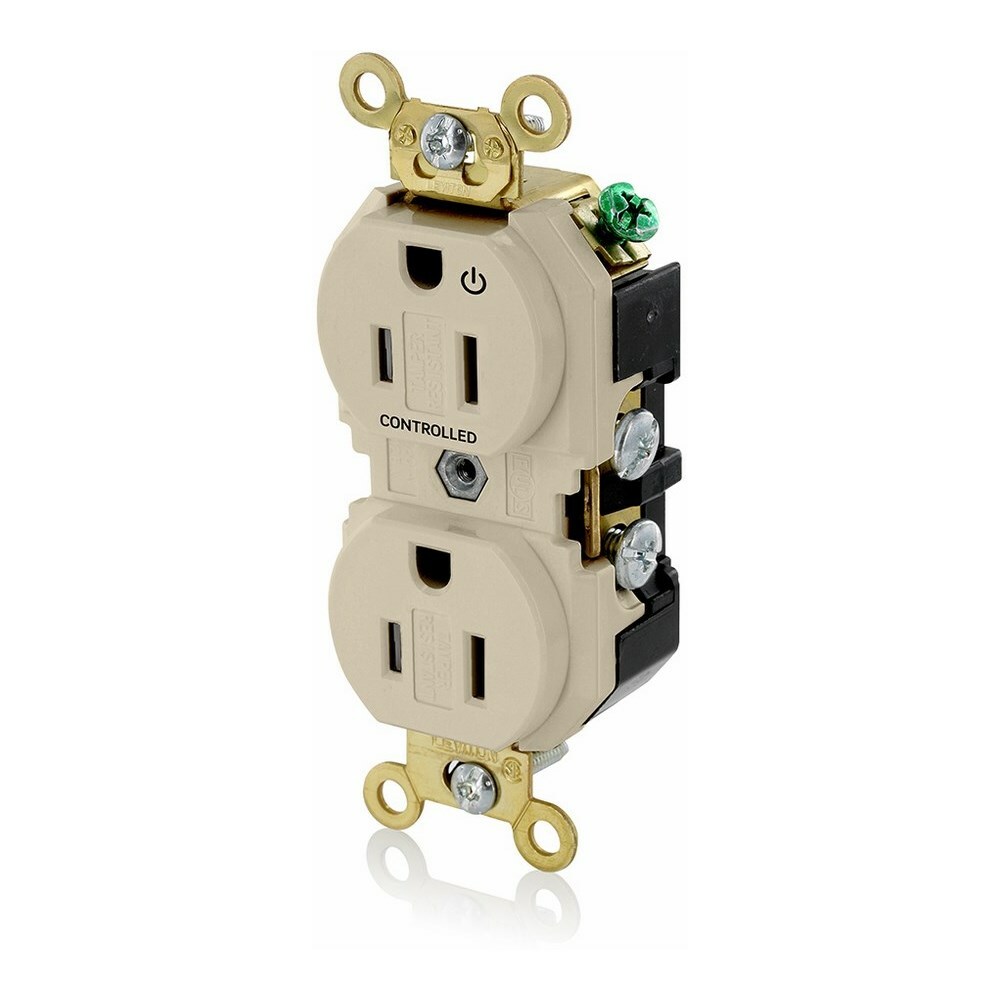 15 Amp. 125 Volt. NEMA 5-15R. 2P/3W. Industrial Series Extra Heavy Duty Specification Grade. Duplex Receptacle. Hot Terminal Split w/ 1 Plug Controlled. Straight Blade. Self Grounding. Back And Side 8 Hole Feed-Thru Wired. Contractor Pack - Ivory