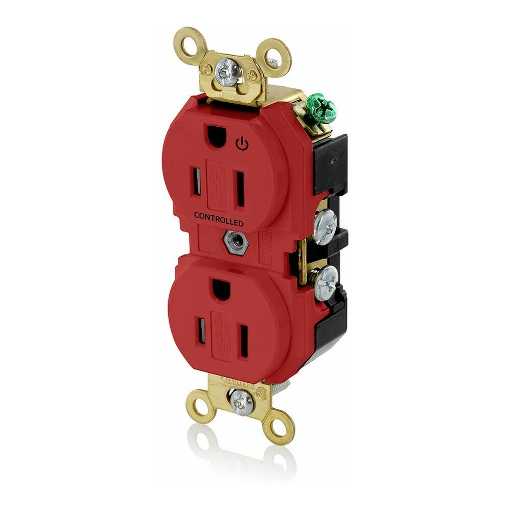 15 Amp. 125 Volt. NEMA 5-15R. 2P/3W. Industrial Series Extra Heavy Duty Specification Grade. Duplex Receptacle. Hot Terminal Split w/ 1 Plug Controlled. Straight Blade. Self Grounding. Back And Side 8 Hole Feed-Thru Wired. Contractor Pack - Red