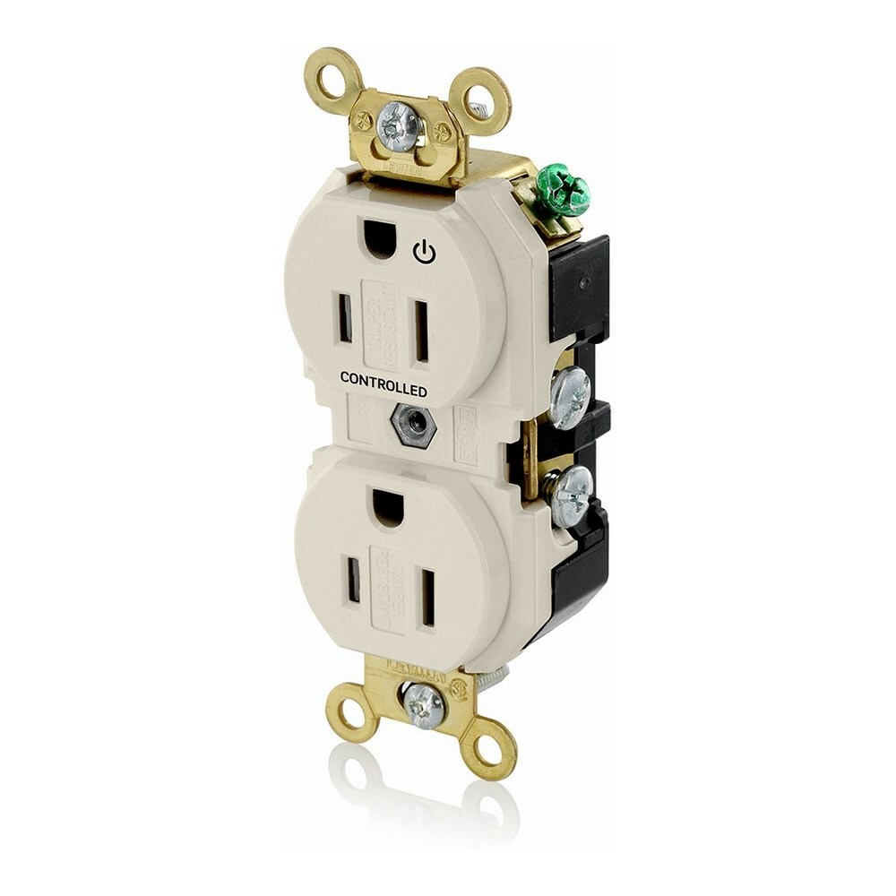 15 Amp. 125 Volt. NEMA 5-15R. 2P/3W. Industrial Series Extra Heavy Duty Specification Grade. Duplex Receptacle. Hot Terminal Split w/ 1 Plug Controlled. Straight Blade. Self Grounding. Back And Side 8 Hole Feed-Thru Wired. Contractor Pack - Light Almond