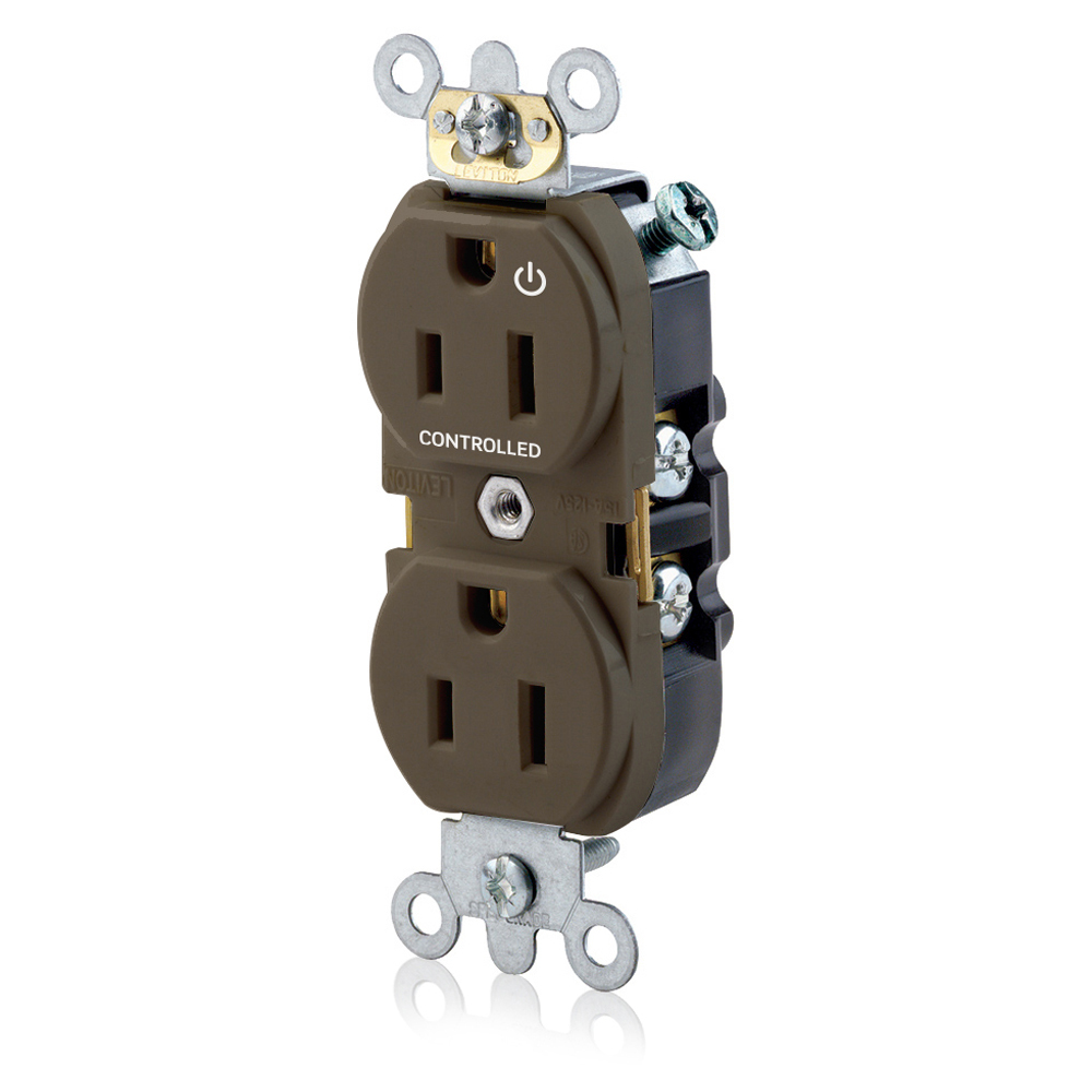 Duplex Receptacle Narrow Body Design. 2-pole 3-wire. Nema 5-15R. 15A-125V. Flat Face. Back And Sidewired. Industrial Spec Grade, Self Grounding Hot Terminal Split W/1 Plug Controlled Markings - Brown