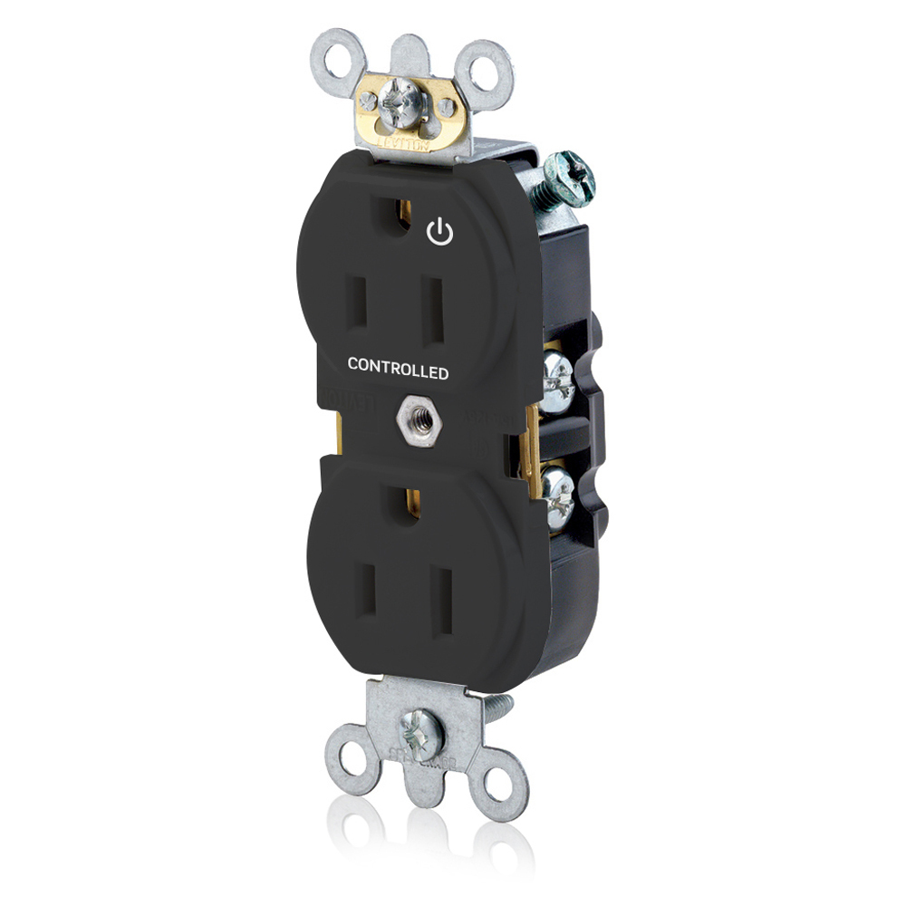 Duplex Receptacle Narrow Body Design. 2-pole 3-wire. Nema 5-15R. 15A-125V. Flat Face. Back And Sidewired. Industrial Spec Grade, Self Grounding Hot Terminal Split W/1 Plug Controlled Markings - Black