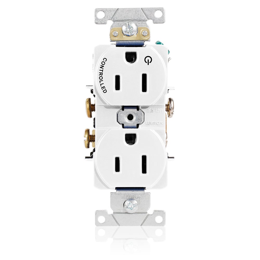 Duplex Receptacle Narrow Body Design. 2-pole 3-wire. Nema 5-15R. 15A-125V. Flat Face. Back And Sidewired. Industrial Spec Grade, Self Grounding Hot Terminal Split W/1 Plug Controlled Markings - White