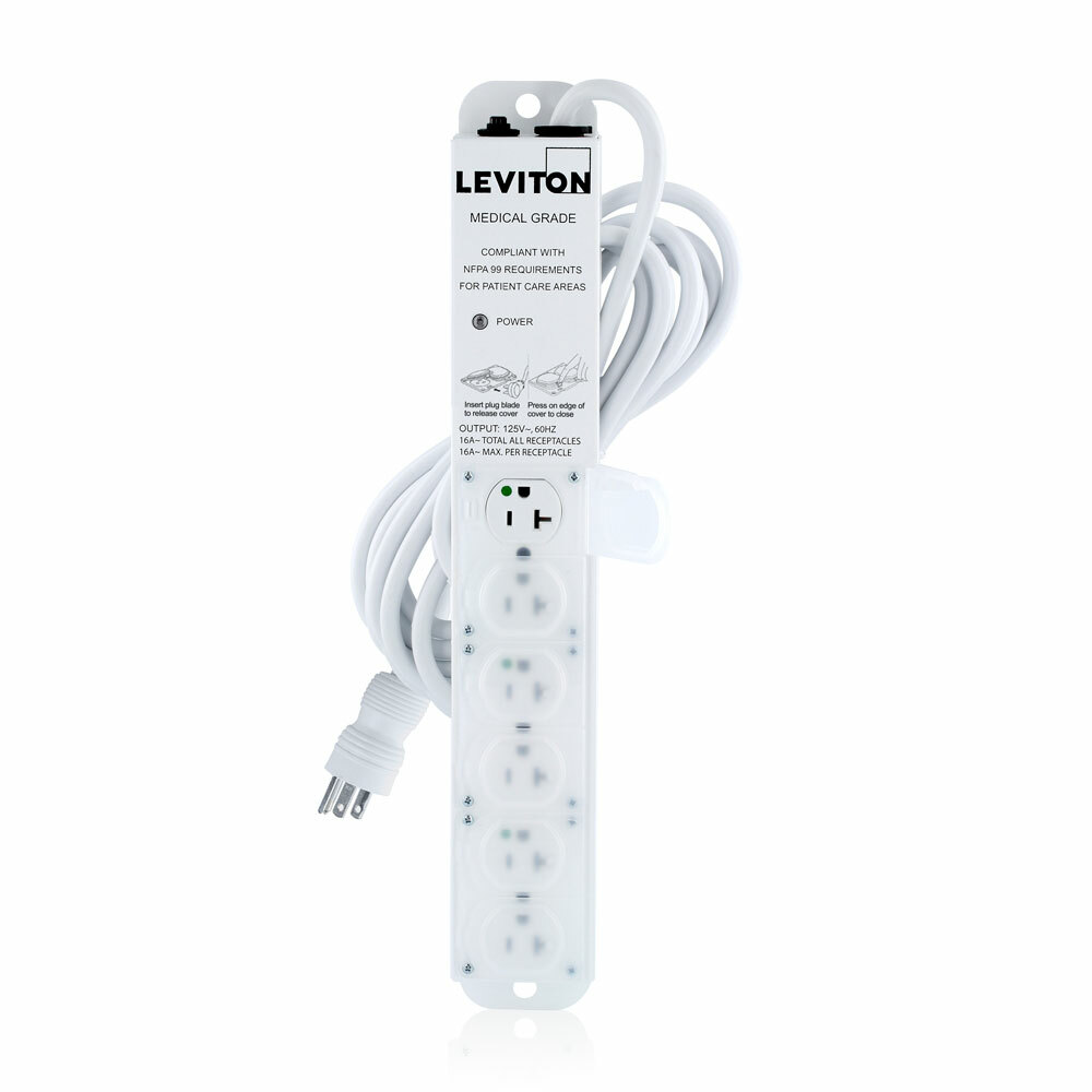Medical Grade Power Strip, Non-Surge, 16A - 125VAC With 6 Nema 5-20r Outlets With Locking Covers, 15-ft Power Cord With Right-Angle Nema 5-20p Plug-White