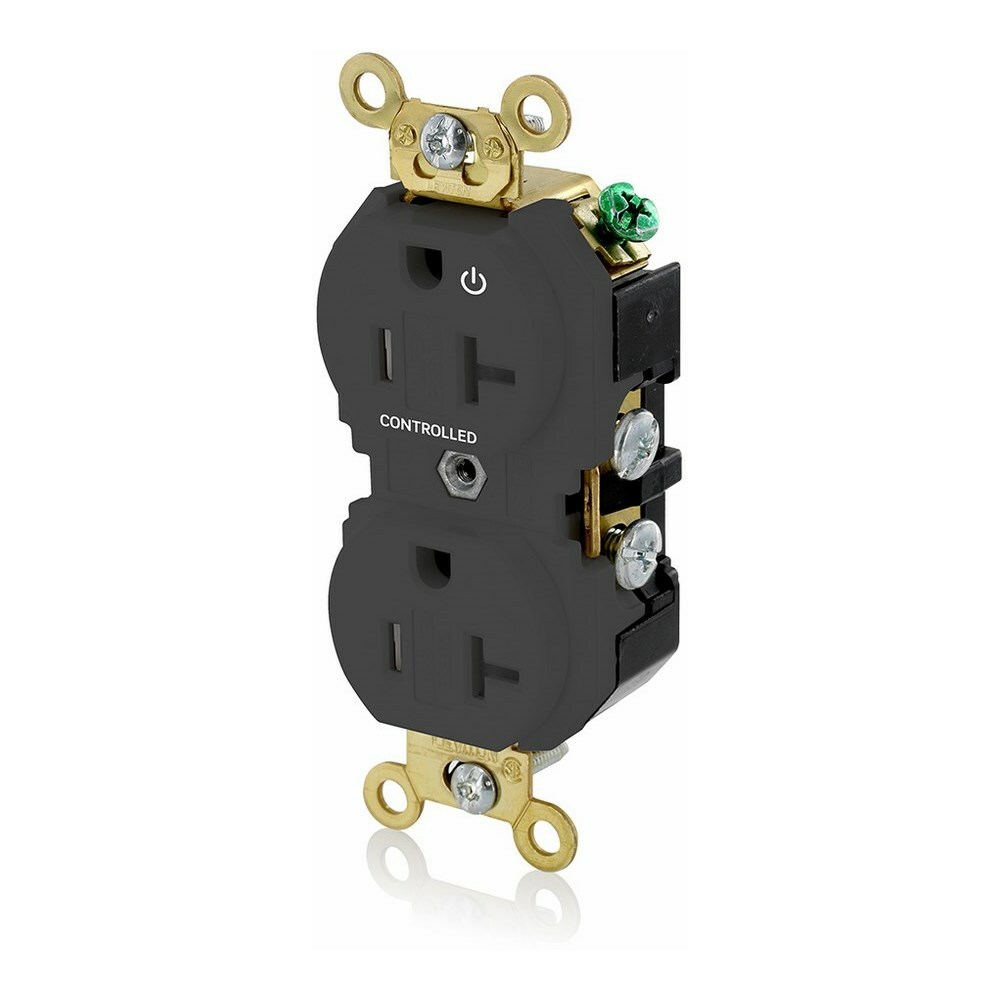 20 Amp. 125 Volt. NEMA 5-20R. 2P/3W. Industrial Series Extra Heavy Duty Specification Grade. Duplex Receptacle. Hot Terminal Split w/1 Plug Controlled. Straight Blade. Self Grounding. Back And Side 8 Hole Feed-Thru Wired. Contractor Pack - Black