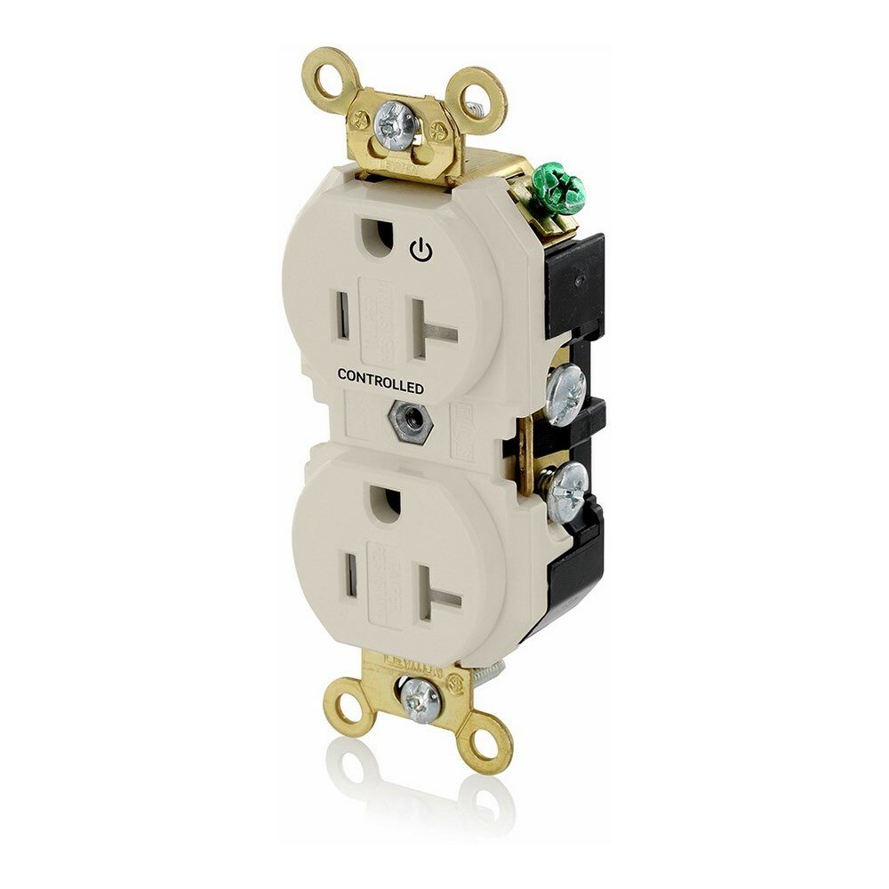20 Amp. 125 Volt. NEMA 5-20R. 2P/3W. Industrial Series Extra Heavy Duty Specification Grade. Duplex Receptacle. Hot Terminal Split w/1 Plug Controlled. Straight Blade. Self Grounding. Back And Side 8 Hole Feed-Thru Wired. Contractor Pack - Light Almond
