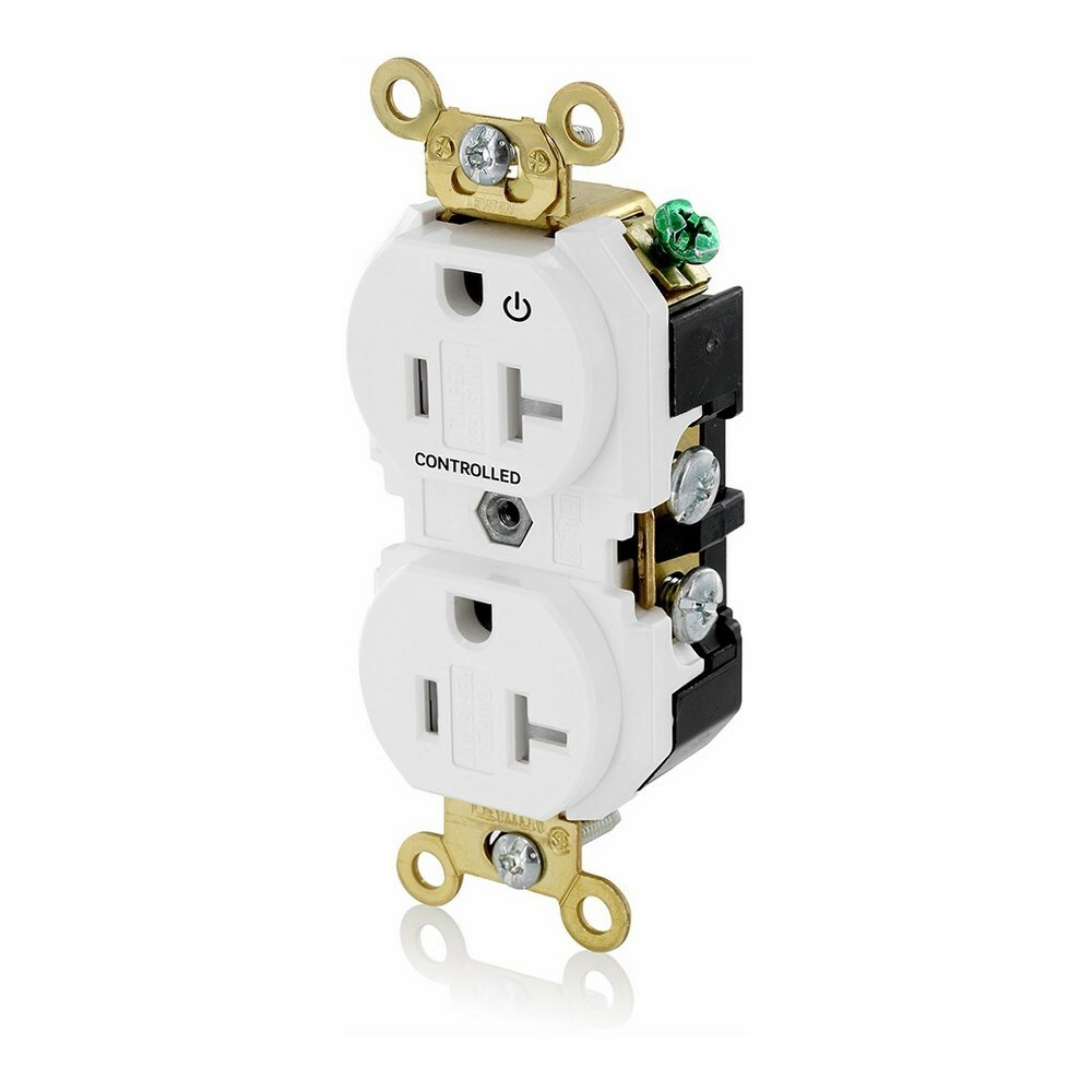 20 Amp. 125 Volt. NEMA 5-20R. 2P/3W. Industrial Series Extra Heavy Duty Specification Grade. Duplex Receptacle. Hot Terminal Split w/1 Plug Controlled. Straight Blade. Self Grounding. Back And Side 8 Hole Feed-Thru Wired. Contractor Pack - White