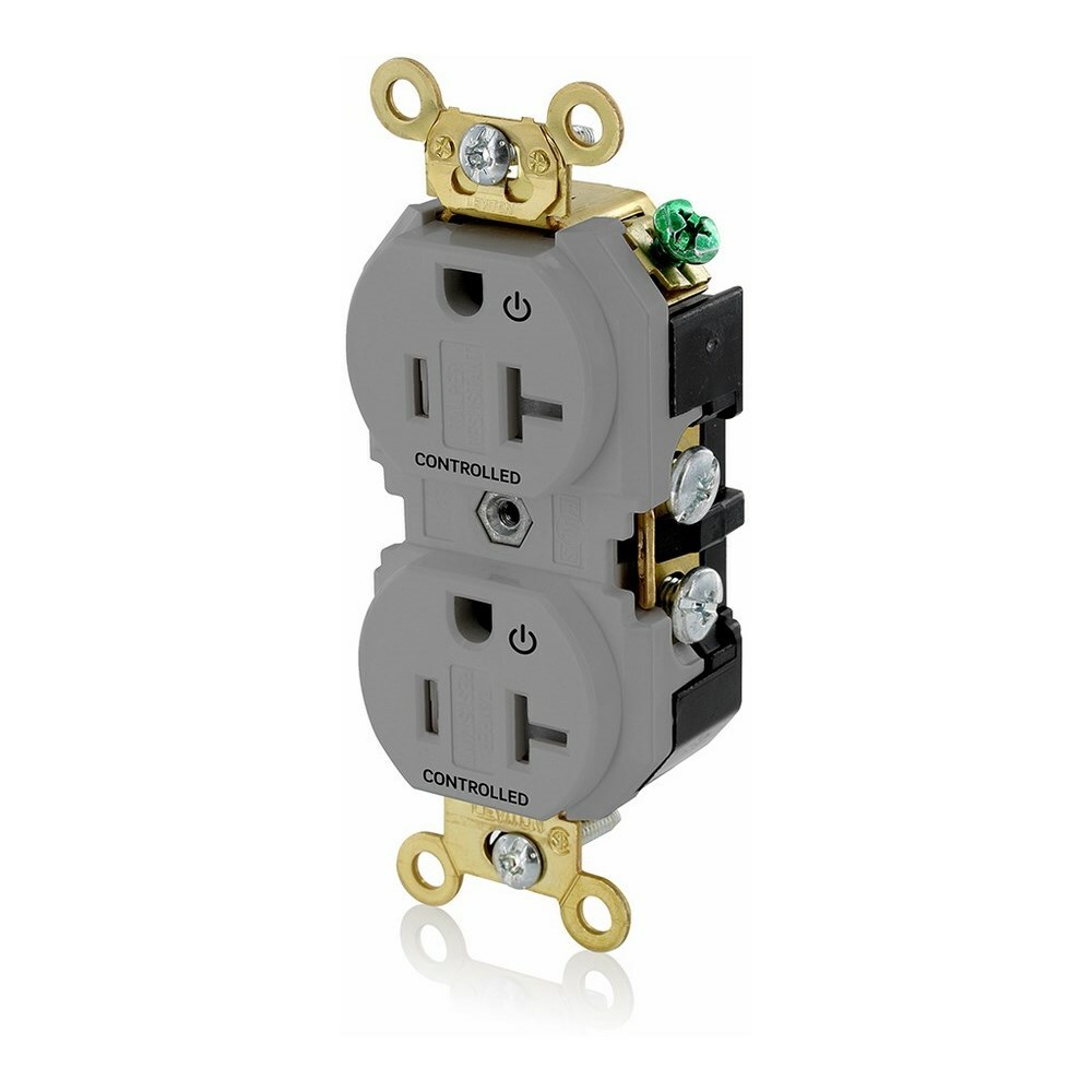 20 Amp. 125 Volt. NEMA 5-20R. 2P/3W. Industrial Series Extra Heavy Duty Specification Grade. Duplex Receptacle. 2 Plug Controlled Markings. Straight Blade. Self Grounding. Back And Side 8 Hole Feed-Thru Wired. Contractor Pack - Gray