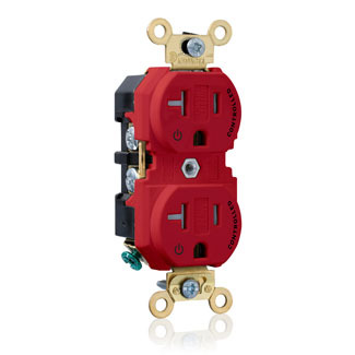20 Amp. 125 Volt. NEMA 5-20R. 2P/3W. Industrial Series Extra Heavy Duty Specification Grade. Duplex Receptacle. 2 Plug Controlled Markings. Straight Blade. Self Grounding. Back And Side 8 Hole Feed-Thru Wired. Contractor Pack - Red