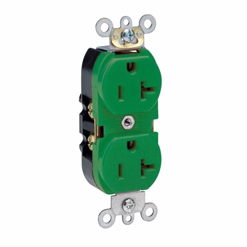 Duplex Receptacle. Narrow Body Design. 2-pole 3-wire Grounding. Nema 5-20R.  20A-125V. Flat Face. Back And Side Wired. Industrial Spec Grade.10 Year Warranty. - Green