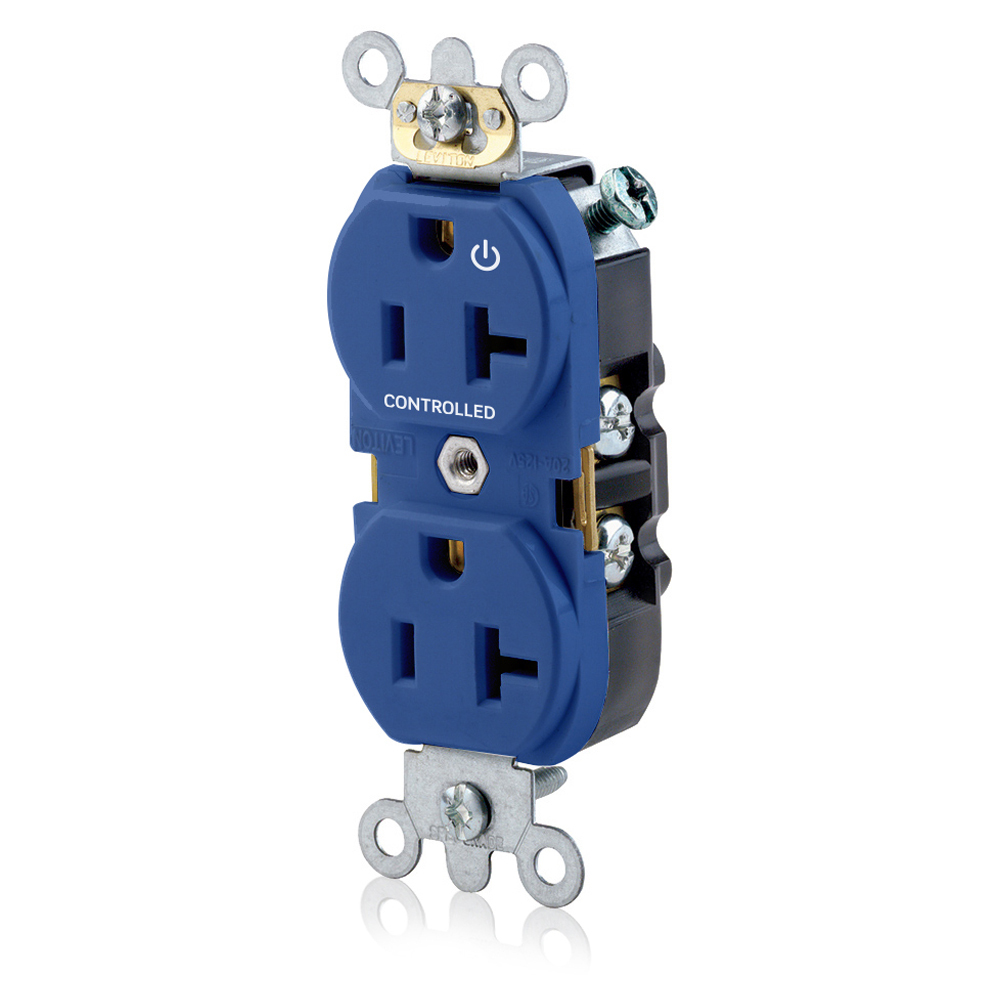 Duplex Receptacle. Narrow Body Design. 2-pole 3-wire. Nema 5-20R. 20A-125V Flat Face. Back And Side Wired. Industrial Spec Grade. Self Grounding.  Hot Terminal Split W/1 Plug Controlled Markings - Blue