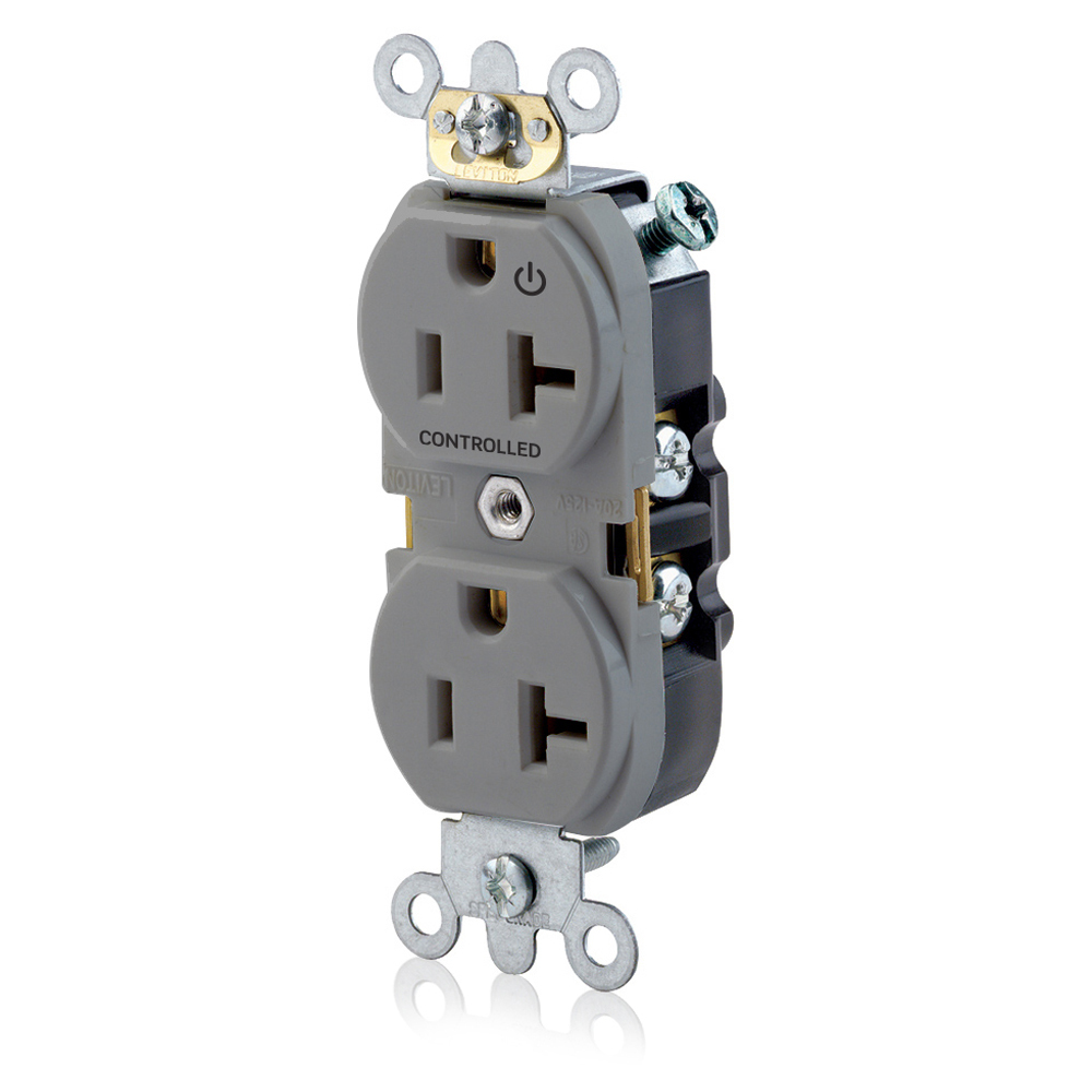Duplex Receptacle. Narrow Body Design. 2-pole 3-wire. Nema 5-20R. 20A-125V Flat Face. Back And Side Wired. Industrial Spec Grade. Self Grounding.  Hot Terminal Split W/1 Plug Controlled Markings - Gray