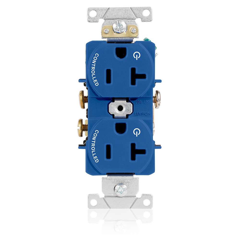 Duplex Receptacle. Narrow Body Design. 2-pole 3-wire. Nema 5-20R. 20A-125V Flat Face. Back And Side Wired. Industrial Spec Grade. Self Grounding.  2 Plugs Controlled Markings - Blue