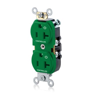 Duplex Receptacle, Narrow Body Design. 2-Pole, 3-Wire, Nema 5-20R, 20A-125v, Flat Face, Back And Side Wired. Industrial Spec Grade, Self Grounding - 2 Plug Controlled Markings - Green