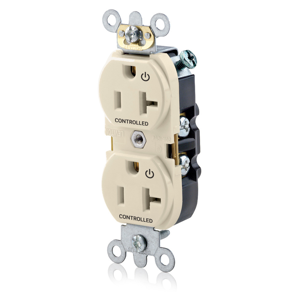 Duplex Receptacle. Narrow Body Design. 2-pole 3-wire. Nema 5-20R. 20A-125V Flat Face. Back And Side Wired. Industrial Spec Grade. Self Grounding.  2 Plugs Controlled Markings - Light Almond