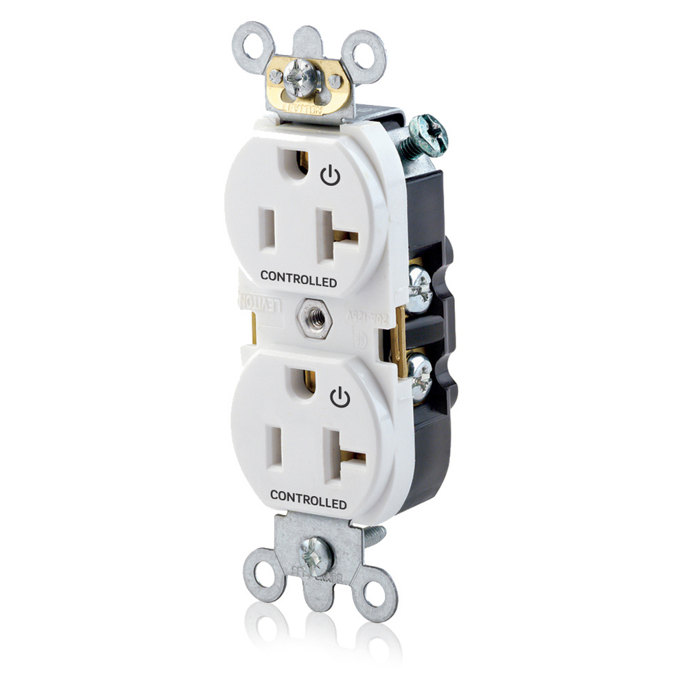 Duplex Receptacle. Narrow Body Design. 2-pole 3-wire. Nema 5-20R. 20A-125V Flat Face. Back And Side Wired. Industrial Spec Grade. Self Grounding.  2 Plugs Controlled Markings - White