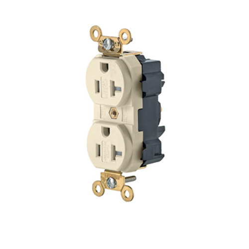 20 Amp. 125 Volt. NEMA 5-20R. 2P. 3W. Industrial Series Extra Heavy Duty Specification Grade. Duplex Receptacle. Tamper-Resistant. Straight Blade. Self Grounding. Back And Side 8 Hole Feed-Thru Wired. Brass Strap - Light Almond