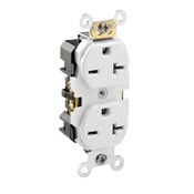 20 Amp. 250 Volt. NEMA 6-20R. 2P/3W. Industrial Series Heavy Duty Specification Grade. Duplex Receptacle. Straight Blade. Self Grounding. Back And Side 8 Hole Feed-Thru Wired. Steel Strap - White