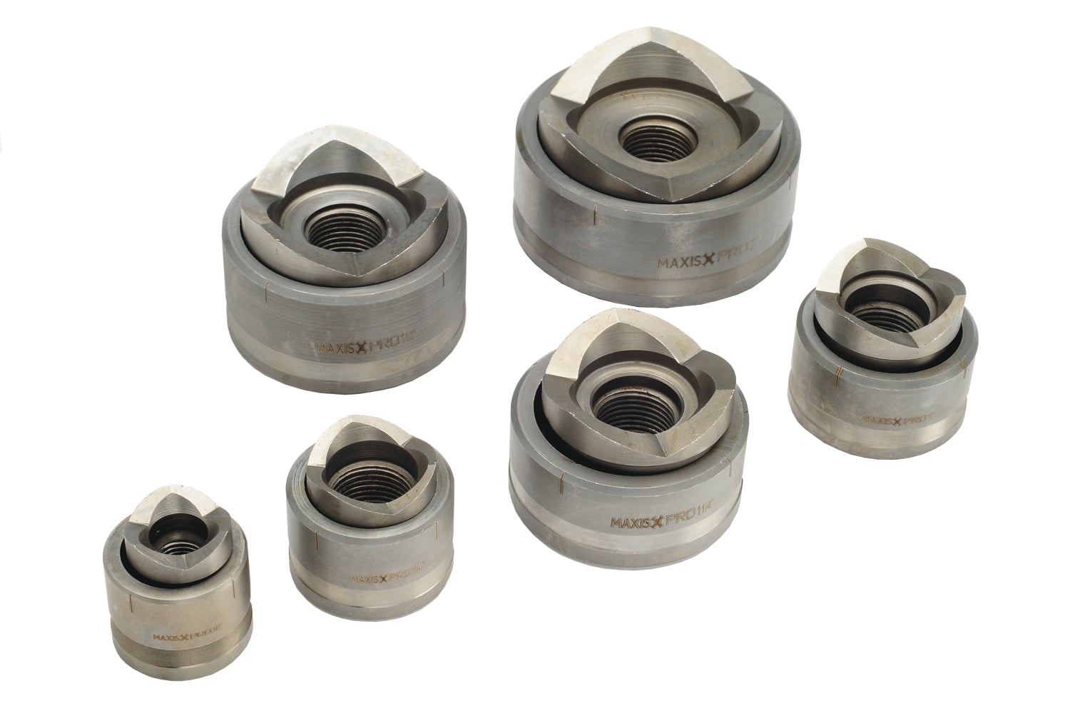 Stainless steel small die set for 1/2"-2". Unique three-point cutting surface provides cleaner and quicker cuts. Rated for 10 gauge stainless steel, as well as for mild steel, aluminum, fiberglass and plastics.