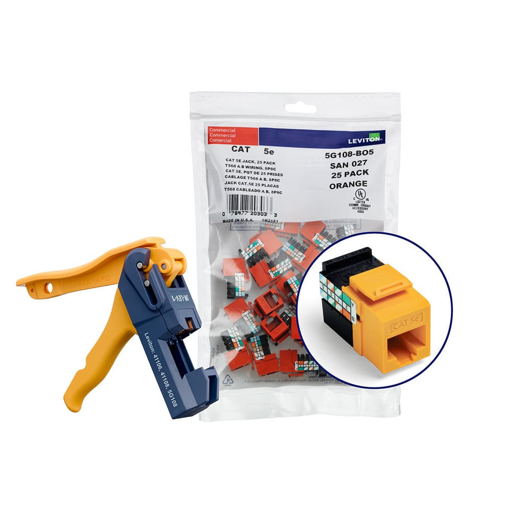 Cat 5e (5g108) Connectors Kitted With Jack Rapid Tool, 1 Fg = 6 Quickpacks (25 Connectors Per Quickpack), Total Of 150 Connectors, Plus 1 Jack Rapid Tool-Yellow