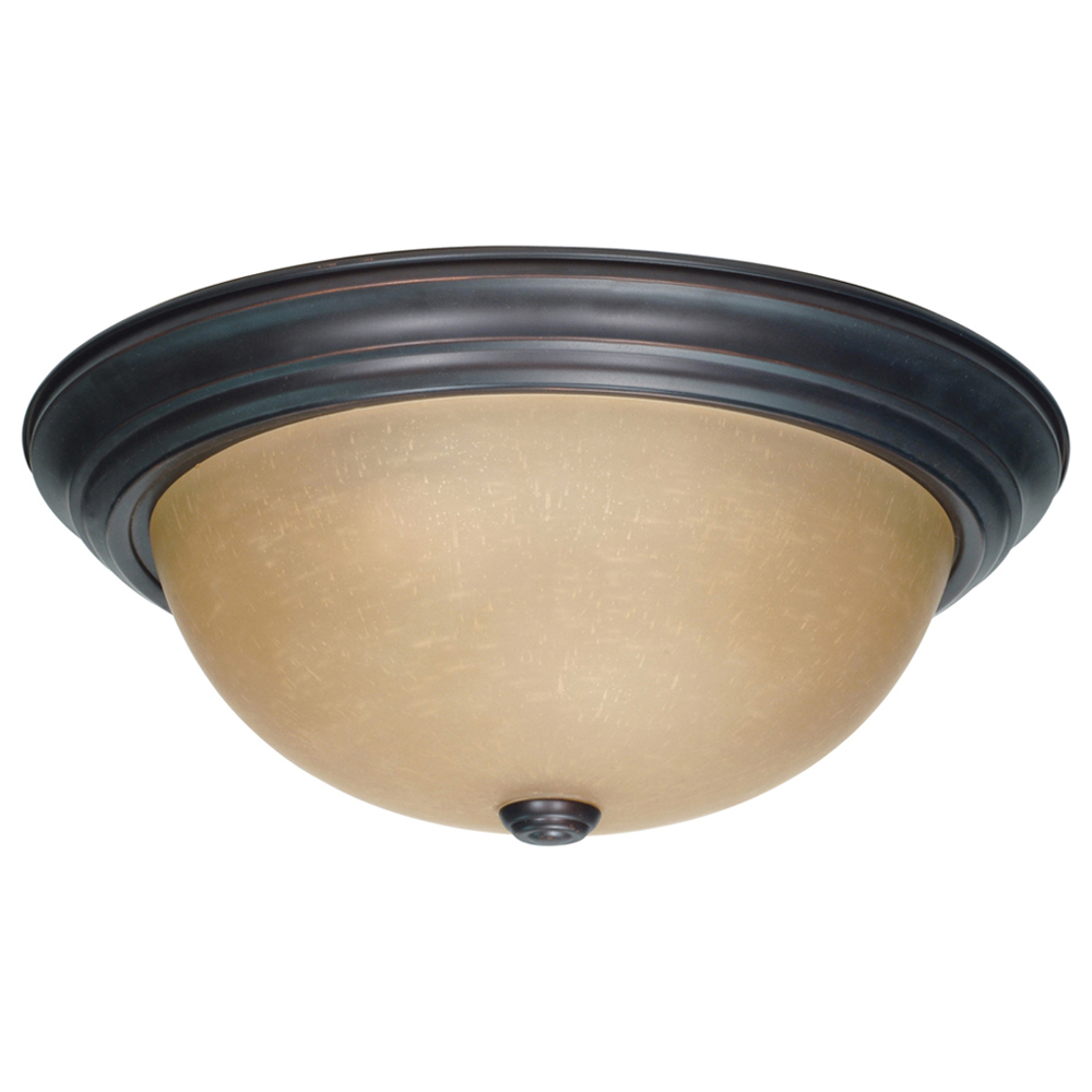 3 Light 15 Flush Mount w/ Champagne Linen Washed Glass - Mahogany Bronze
