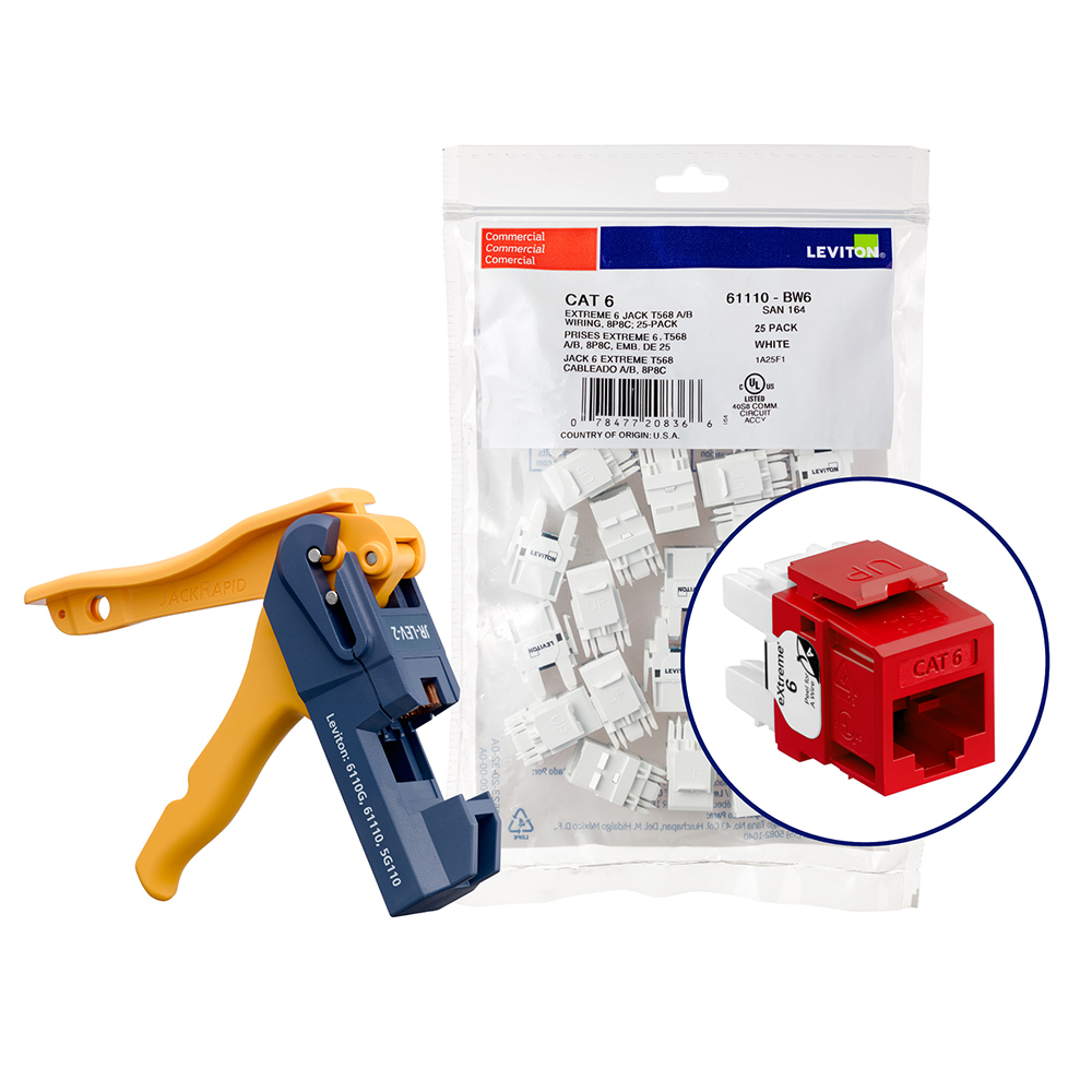 Cat 6 (61110) Connectors Kitted With Jack Rapid Tool, 1 Fg = 6 Quickpacks (25 Connectors Per Quickpack),Total Of 150 Connectors, Plus 1 Jack Rapid Tool-Crimson