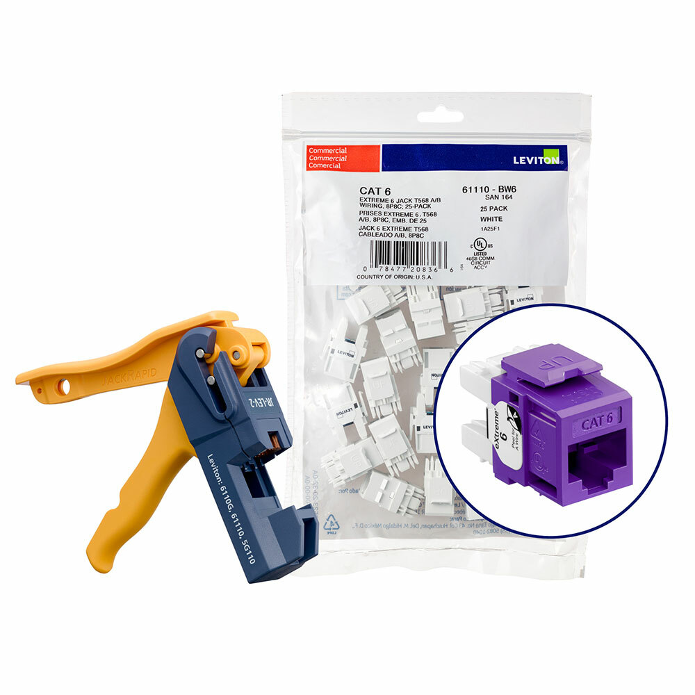 Cat 6 (61110) Connectors Kitted With Jack Rapid Tool, 1 Fg = 6 Quickpacks (25 Connectors Per Quickpack),Total Of 150 Connectors, Plus 1 Jack Rapid Tool-Purple