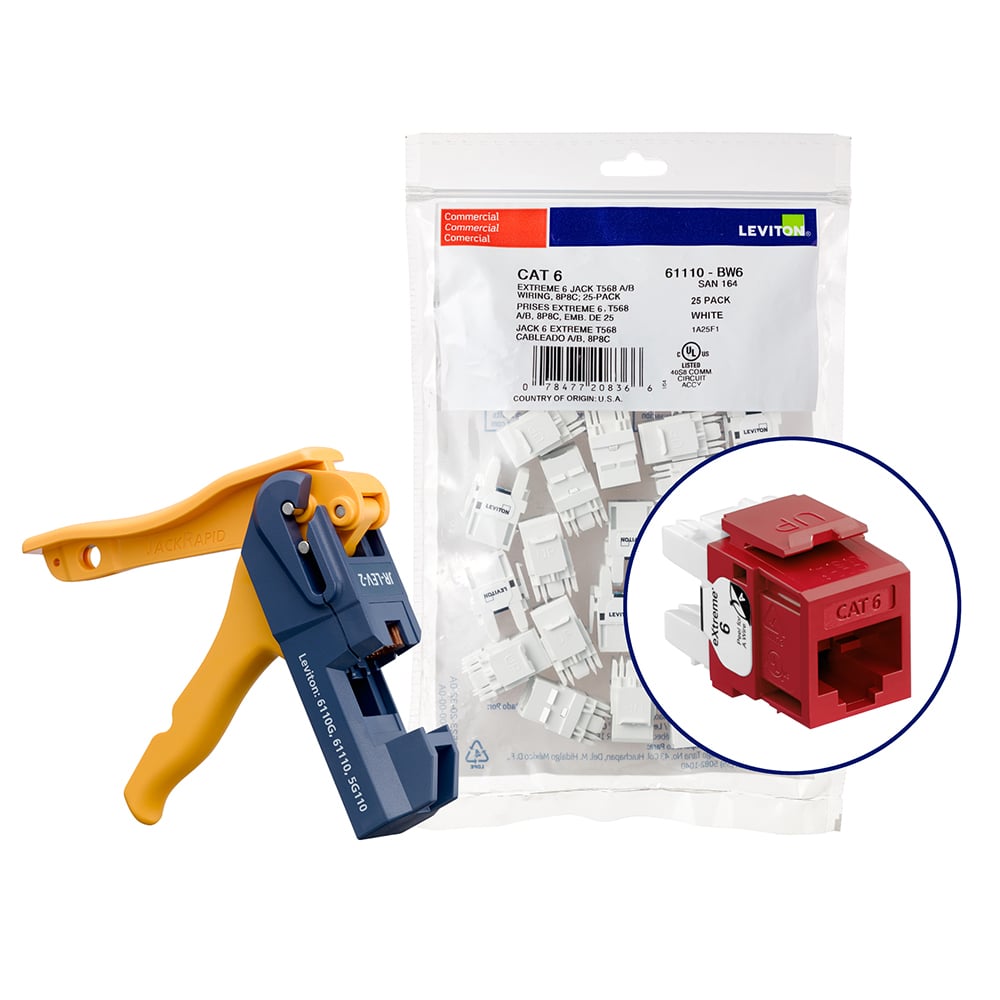 Cat 6 (61110) Connectors Kitted With Jack Rapid Tool, 1 Fg = 6 Quickpacks (25 Connectors Per Quickpack),Total Of 150 Connectors, Plus 1 Jack Rapid Tool-Red