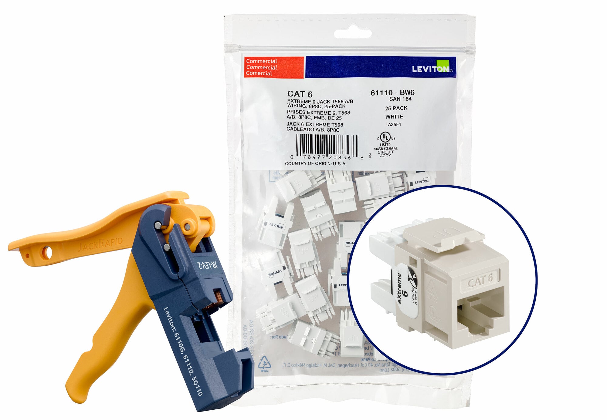 Cat 6 (61110) Connectors Kitted With Jack Rapid Tool, 1 Fg = 6 Quickpacks (25 Connectors Per Quickpack),Total Of 150 Connectors, Plus 1 Jack Rapid Tool-Light Almond