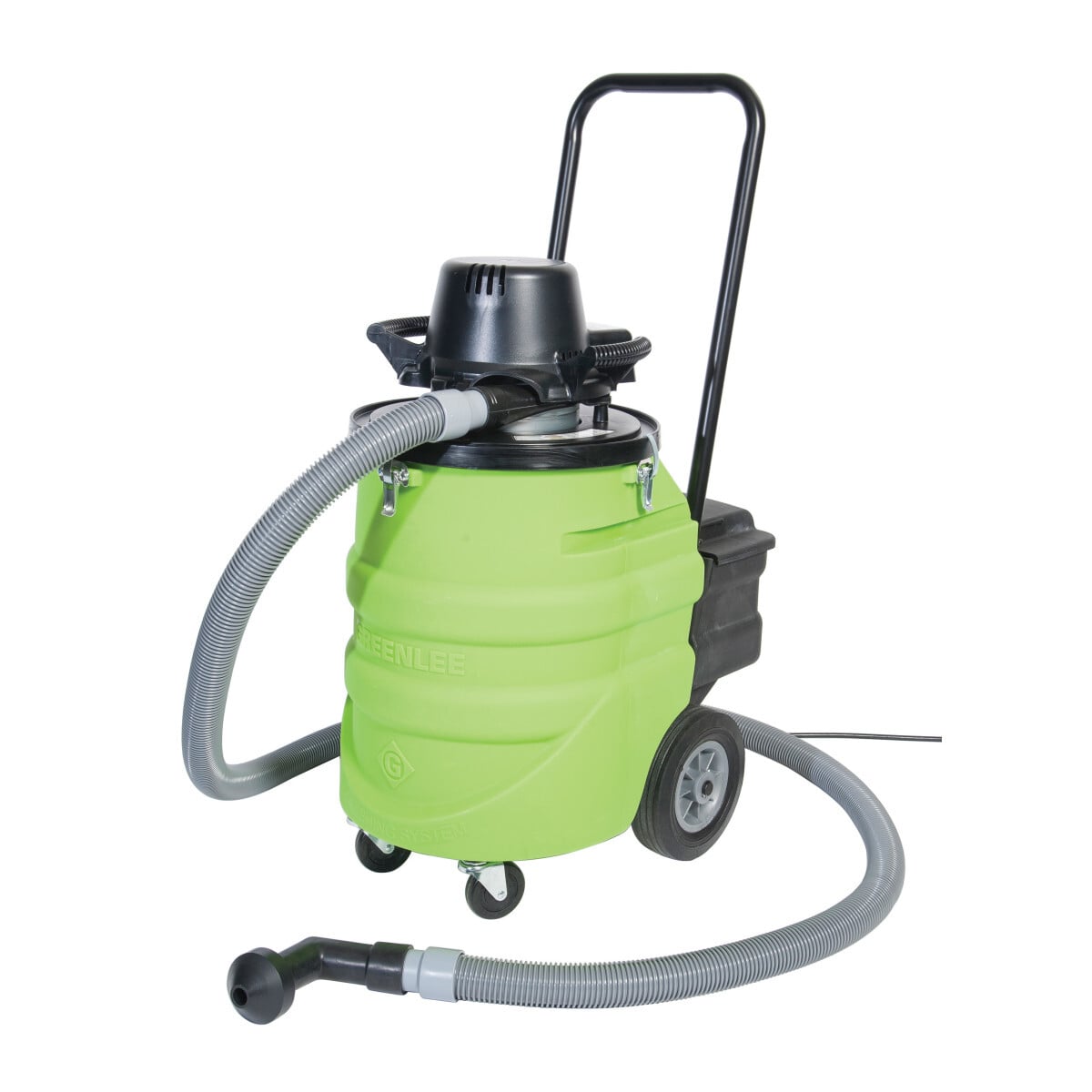 Vacuum/Blower Power Fishing System.  Industrial 2-Stage Motor.  Powerful, sustained suction and blowing that out performs a typical shop vacuum.  Washable Stainless Steel Filter.  Stainless steel mesh filter that when maintained never needs replacing.  Steel Transport Handle.  Long handle to easily pull vacuum around the jobsite and up stair.  Fully Equipped Power Fishing System.  System comes with all the accessories needed to fish a pulling line and a new locking storage box to hold it all.  Large durable 12 gallon tank for wet or dry vacuum and storage for the available 10', 15', or 25' hoses.  Large 8" wheels.  Industrial wheel and axel system make transportation on rough ground or up stairs easy.