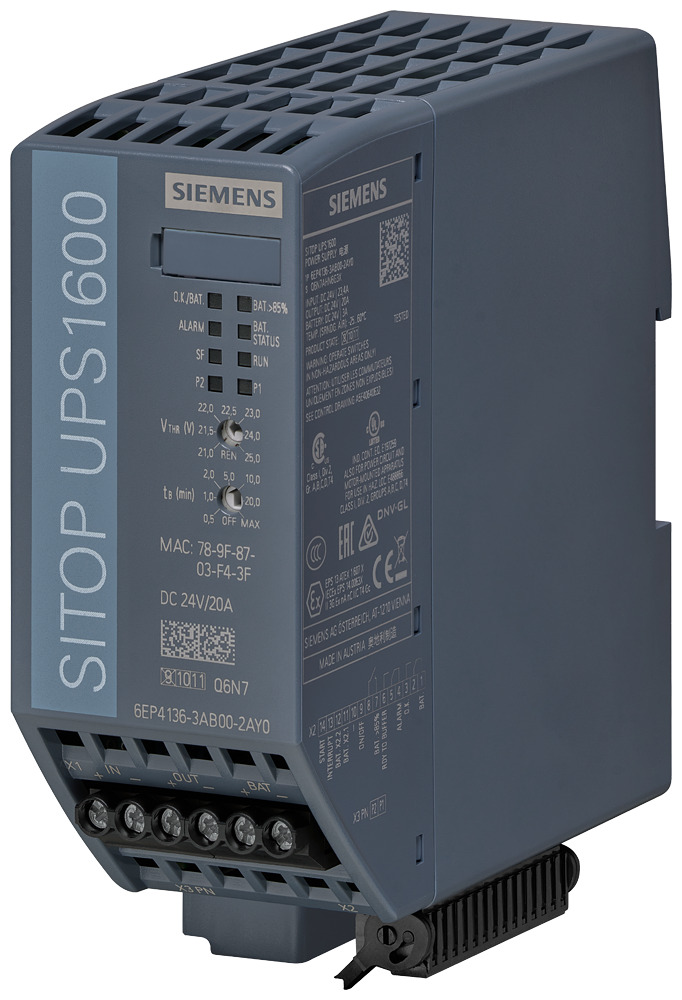 SITOP UPS1600 20A ETHERNET/ PROFINET UNINTERRUPTIBLE POWER SUPPLY WITH ETHERNET/PROFINET INTER- FACE INPUT 24 V DC OUTPUT 24 V/20 A DC