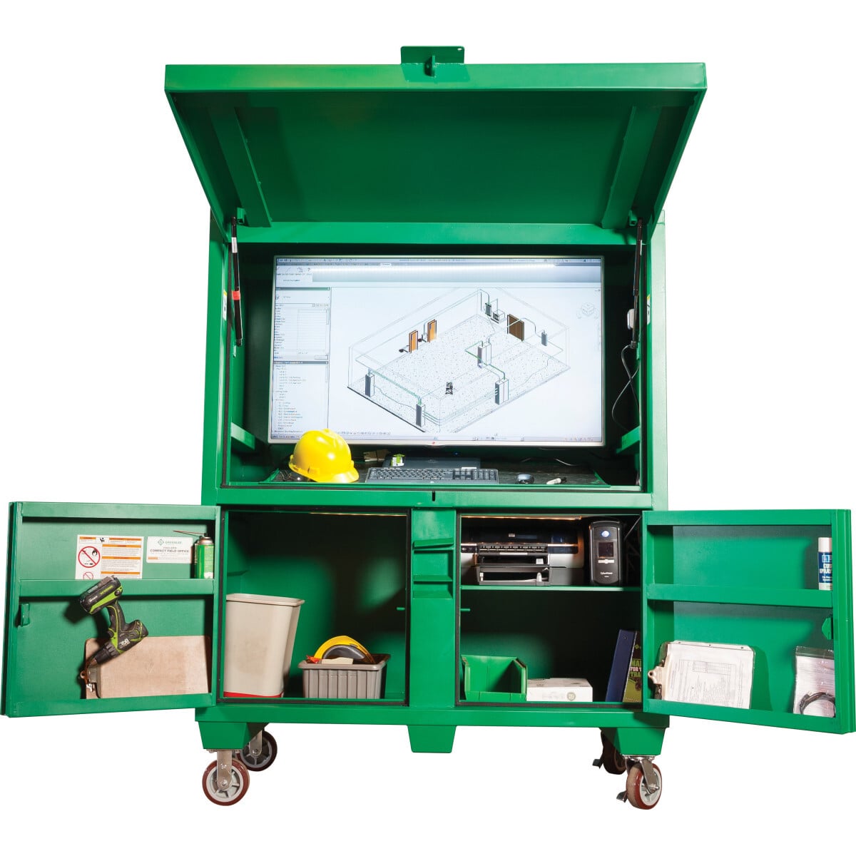 Compact Field Office.  Sized to fit through standard 36" doorways.  6" Non-marking casters.  Accomdates up to 55" monitors (50" x 30").  Weather resistant stripping helps to protect against moisture getting inside the box.  Cable pass-through holes for easy installation.  Slanted work surface with two levels to accomodate laptop and additional equipment.     One single lock secures entire box.  Lock position prevents drilling and cutting.  Special lockable gas spring for safe opening and closing of door (no accidental drop).
