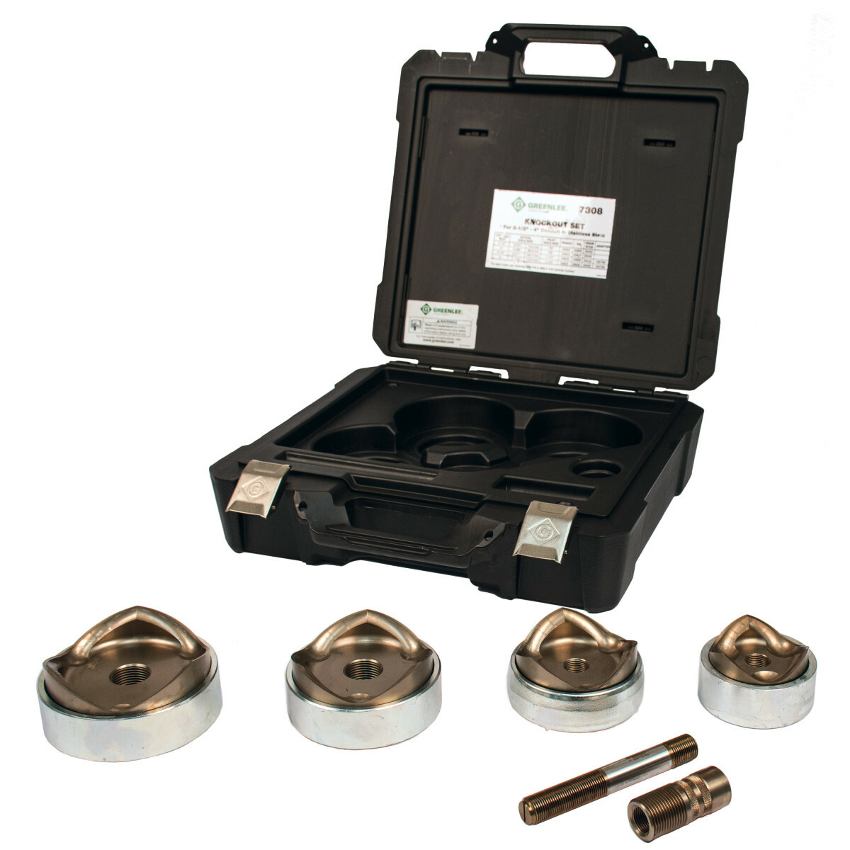 Slug-Splitter SC Knockout Punch Kit for 2-1/2" - 4" Conduit Size.  Capacities up through 10 gauge (3.5mm) stainless steel.  Self centering punch aligns itself on pilot hole.  Includes punches, dies and draw stud in metal case.  Driver not included.