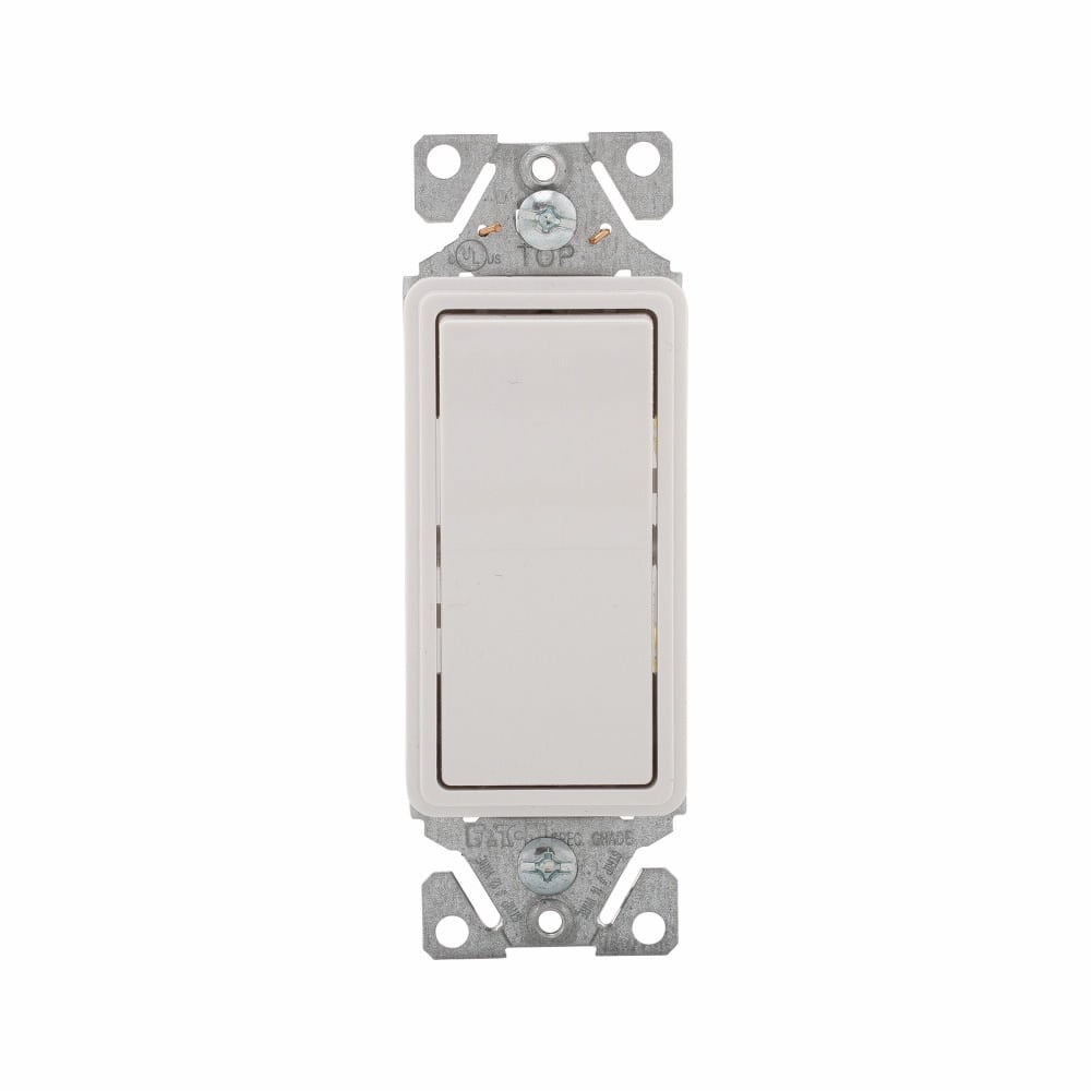 Eaton standard grade decorator switch, Auto-grounding, #14-12 AWG, 15A, Flush, 120/277V, Back/push, Decorator, Maintained, White, Motor Control, Fan, LED, Incand, ELV,MLV,CFL, Florscnt, Halogen, Single-pole, Thermoplastic 737329