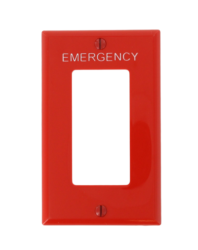 One Gang Nylon Decora Wallplate. Hot Stamped Emergency In White Lettering 3/16 Inch. High Capital Letters. Centered Between Wallplate Screw And Decora Opening. Pkd With Wallplate Screws. - Red