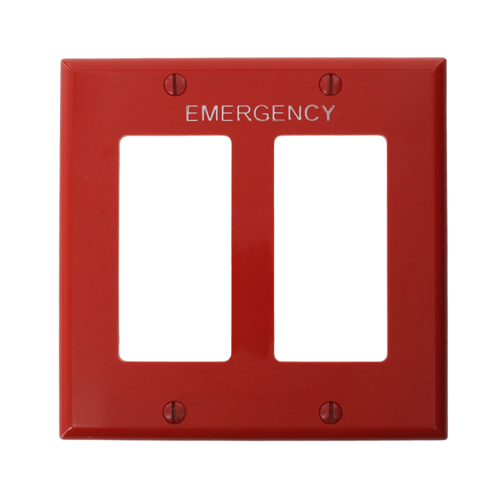 Two Gang Nylon Decora Wallplate. Hot Stamped Emergency. In White Lettering 3/16 Inch High Letters. High Impact. Pkd With Wallplate Screws. - Red