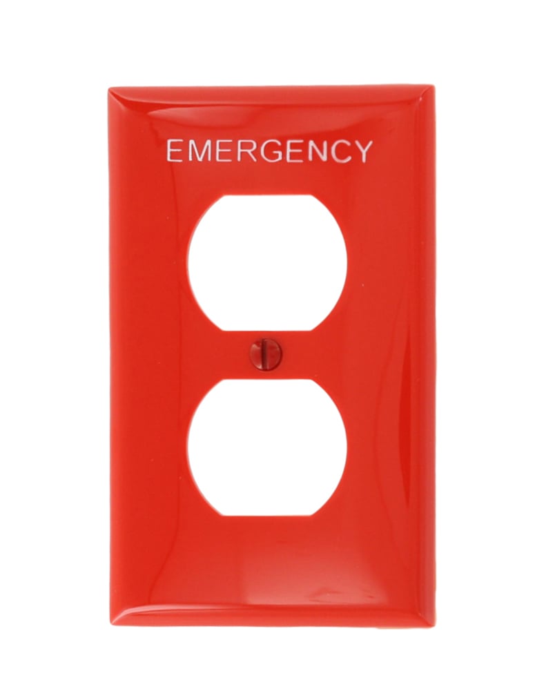 Single Gang Duplex Outlet  Wallplate. Hot Stamped Emergency In White Lettering 3/16 Inch High Letters High Impact Thermoplastic With Positive Bow - Red