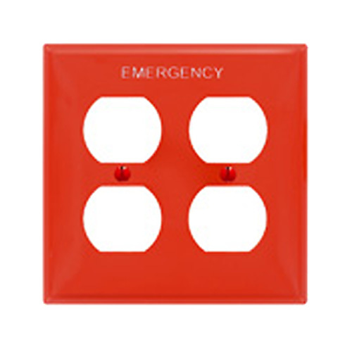 Two Gang Duplex Outlet Wallplate. Hot Stamped Emergency In White Lettering. 3/16 Inch High Letters. High Impact Thermoplastic With Positive Bow. - Red