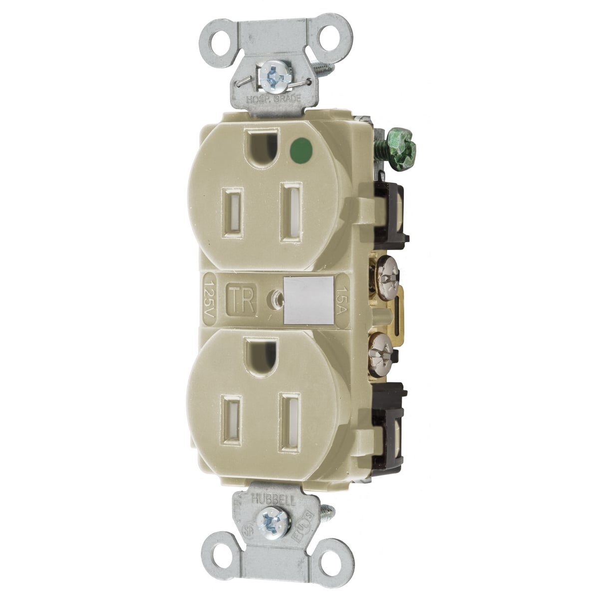 Straight Blade Devices, Tamper Resistant, Duplex Receptacle, Hubbell-Pro, Hospital Grade, 2-Pole 3- Wire Grounding, 15A 125V, 5-15R, Ivory