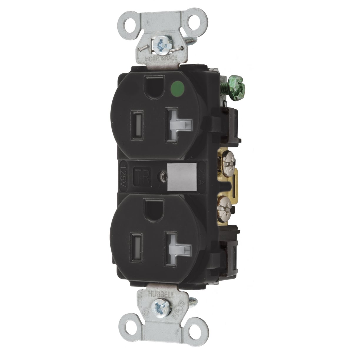 Straight Blade Devices, Tamper Resistant, Duplex Receptacle, Hubbell-Pro, Hospital Grade, 20A 125V, 2- Pole 3-Wire Grounding, 5-20R, Black