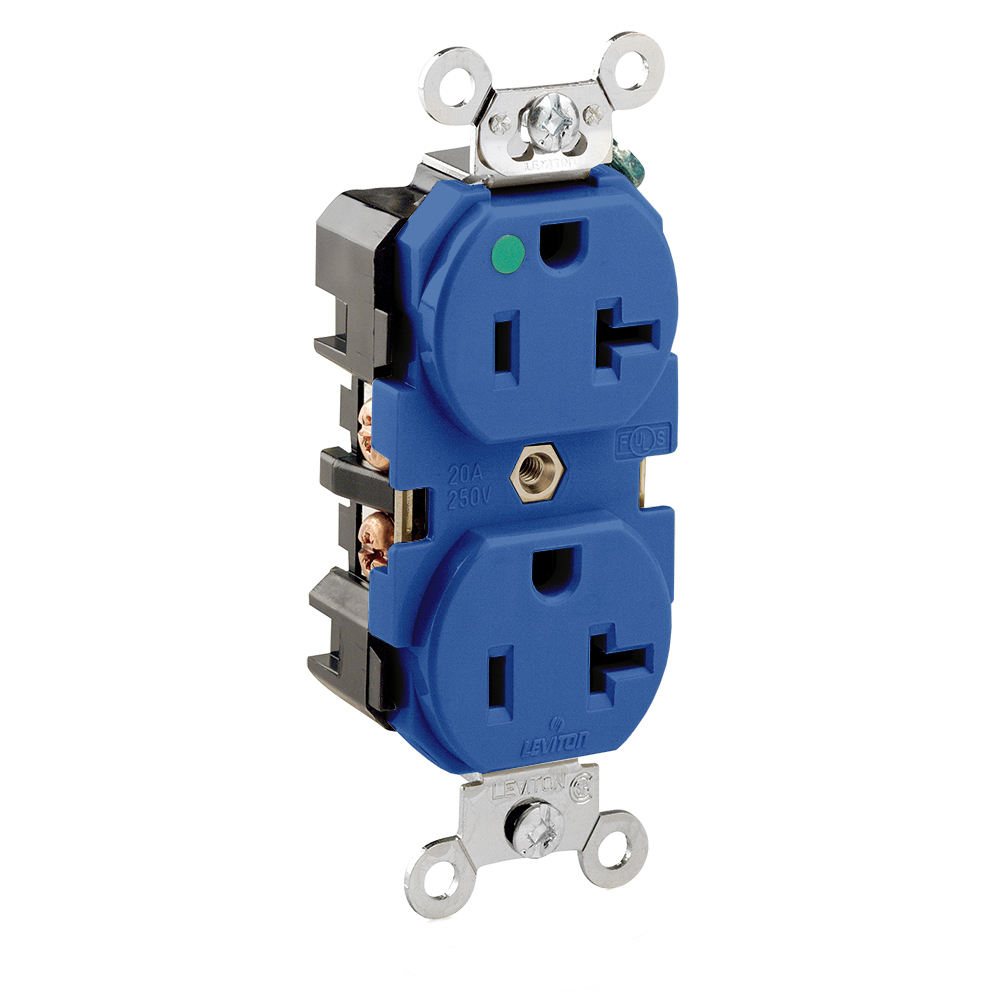 Receptacle. Duplex. 2-pole/3-wire. Nema 5-20r. 20a-125v. Hospital Grade.  Fed Spec. Narrow Body Design. Back And Side Wired. Industrial Spec Grade. 10 Year Warranty.  Qualify With .075"" Blade. Contacts Are Supplied With Screws Run In. Strap Is Supplied Less Mounting Screws. - Blue