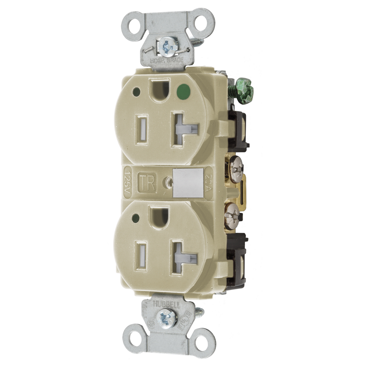 Straight Blade Devices, Tamper Resistant Duplex Receptacle, Hospital Grade, Hubbell-Pro, LED Indicator, 20A 125V, 2-Pole 3-Wire Grounding, 5-20R, Ivory