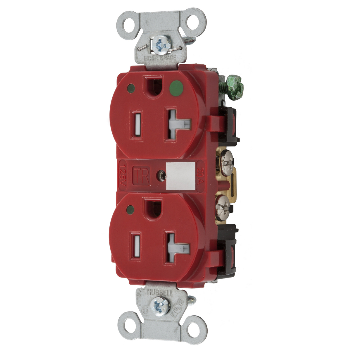Straight Blade Devices, Tamper Resistant Duplex Receptacle, Hospital Grade, Hubbell-Pro, LED Indicator, 20A 125V, 2-Pole 3-Wire Grounding, 5-20R, Red