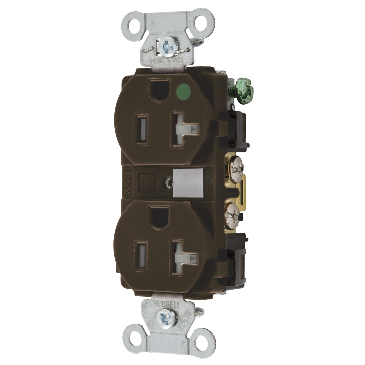 Straight Blade Devices, Tamper Resistant Duplex Receptacle, Hospital Grade, Hubbell-Pro, 20A 125V, 2-Pole 3- WireGrounding, 5-20R, Brown