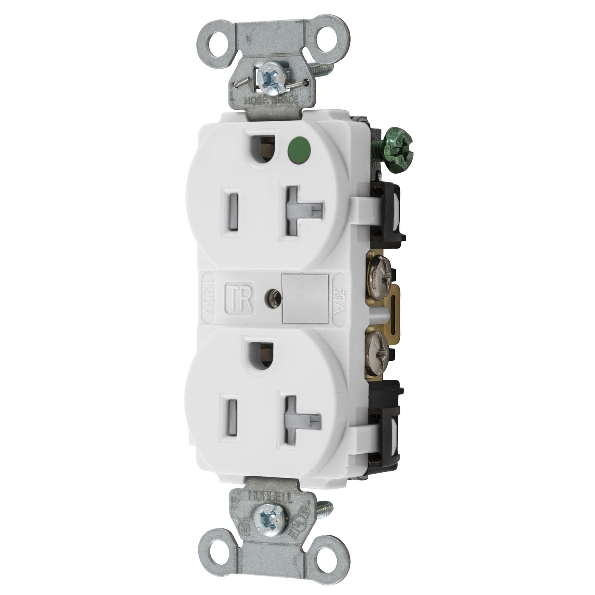 Straight Blade Devices, Tamper Resistant Duplex Receptacle, Hospital Grade, Hubbell-Pro, 20A 125V, 2-Pole 3- WireGrounding, 5-20R, White