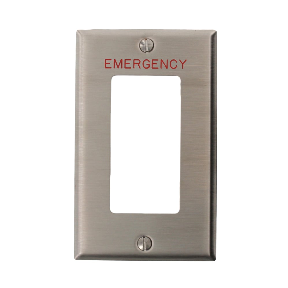 1-Gang Decora/GFCI Device Decora Wallplate Standard Size 302 Stainless Steel Device Mount Stainless Steel Emergency in red lettering satin finish